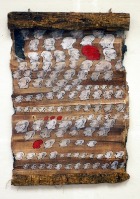 Acrylic and India ind on papyrus and carved wood, 45 cm X 64 cm, 2008.