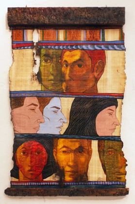 Oil on papyrus and carved wood, 64 cm X 90 cm, 2008.