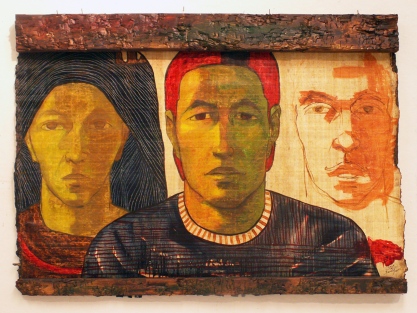 Oil on papyrus and carved wood, 64 cm X 90 cm, 2008.